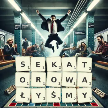 Kreatywna ilustracja do gry w Scrabble ze słowem SEKATOROWAŁYŚMY ułożonym z płytek na planszy.