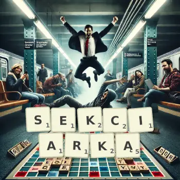 Kreatywna ilustracja do gry w Scrabble ze słowem SEKCIARKĄ ułożonym z płytek na planszy.