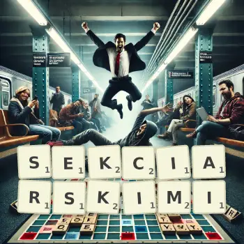 Kreatywna ilustracja do gry w Scrabble ze słowem SEKCIARSKIMI ułożonym z płytek na planszy.