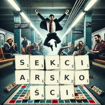 Kreatywna ilustracja do gry w Scrabble ze słowem SEKCIARSKOŚCI ułożonym z płytek na planszy.