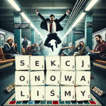 Kreatywna ilustracja do gry w Scrabble ze słowem SEKCJONOWALIŚMY ułożonym z płytek na planszy.