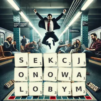 Kreatywna ilustracja do gry w Scrabble ze słowem SEKCJONOWALOBYM ułożonym z płytek na planszy.