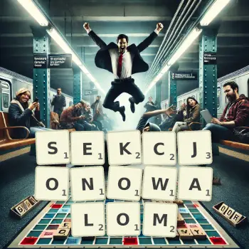 Kreatywna ilustracja do gry w Scrabble ze słowem SEKCJONOWALOM ułożonym z płytek na planszy.