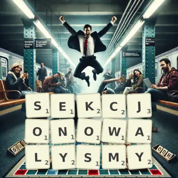 Kreatywna ilustracja do gry w Scrabble ze słowem SEKCJONOWALYSMY ułożonym z płytek na planszy.