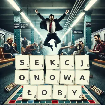 Kreatywna ilustracja do gry w Scrabble ze słowem SEKCJONOWAŁOBY ułożonym z płytek na planszy.