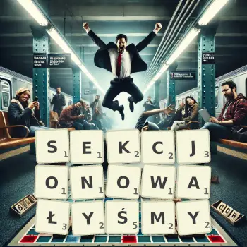 Kreatywna ilustracja do gry w Scrabble ze słowem SEKCJONOWAŁYŚMY ułożonym z płytek na planszy.