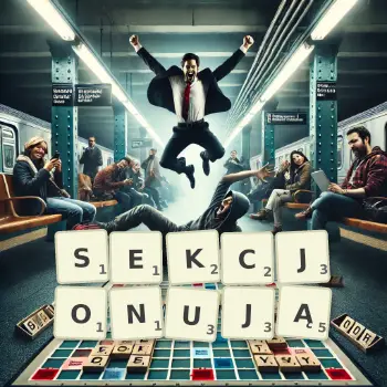 Kreatywna ilustracja do gry w Scrabble ze słowem SEKCJONUJĄ ułożonym z płytek na planszy.