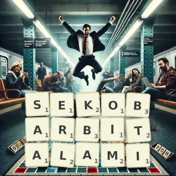 Kreatywna ilustracja do gry w Scrabble ze słowem SEKOBARBITALAMI ułożonym z płytek na planszy.