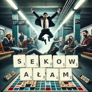 Kreatywna ilustracja do gry w Scrabble ze słowem SEKOWAŁAM ułożonym z płytek na planszy.