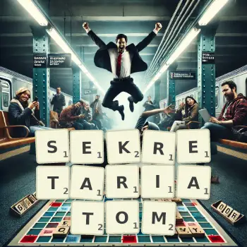 Kreatywna ilustracja do gry w Scrabble ze słowem SEKRETARIATOM ułożonym z płytek na planszy.