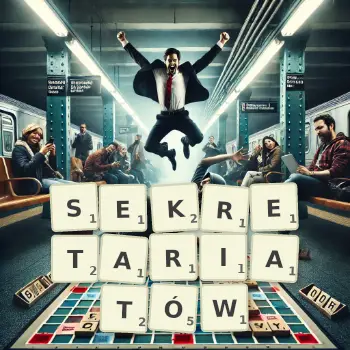 Kreatywna ilustracja do gry w Scrabble ze słowem SEKRETARIATÓW ułożonym z płytek na planszy.