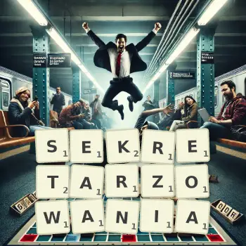 Kreatywna ilustracja do gry w Scrabble ze słowem SEKRETARZOWANIA ułożonym z płytek na planszy.