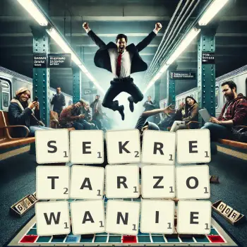 Kreatywna ilustracja do gry w Scrabble ze słowem SEKRETARZOWANIE ułożonym z płytek na planszy.