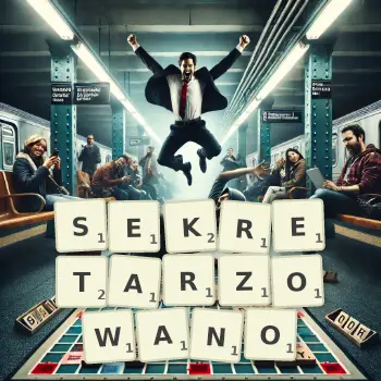 Kreatywna ilustracja do gry w Scrabble ze słowem SEKRETARZOWANO ułożonym z płytek na planszy.