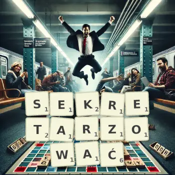 Kreatywna ilustracja do gry w Scrabble ze słowem SEKRETARZOWAĆ ułożonym z płytek na planszy.