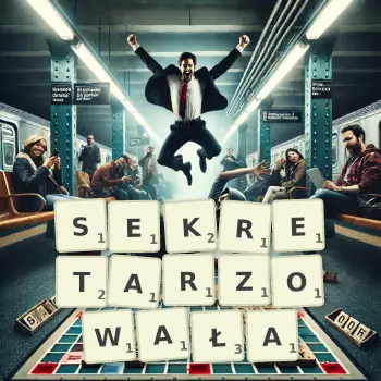 Kreatywna ilustracja do gry w Scrabble ze słowem SEKRETARZOWAŁA ułożonym z płytek na planszy.