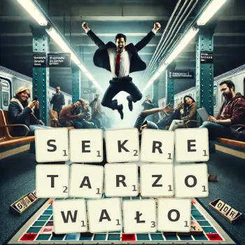 Kreatywna ilustracja do gry w Scrabble ze słowem SEKRETARZOWAŁO ułożonym z płytek na planszy.