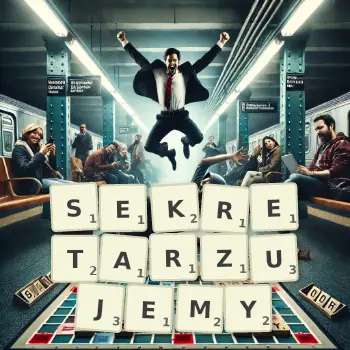 Kreatywna ilustracja do gry w Scrabble ze słowem SEKRETARZUJEMY ułożonym z płytek na planszy.