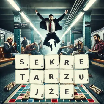 Kreatywna ilustracja do gry w Scrabble ze słowem SEKRETARZUJŻE ułożonym z płytek na planszy.