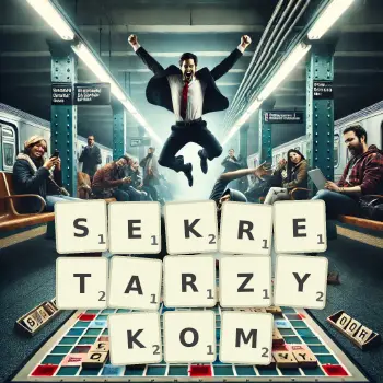 Kreatywna ilustracja do gry w Scrabble ze słowem SEKRETARZYKOM ułożonym z płytek na planszy.