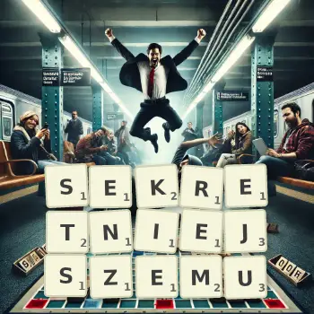 Kreatywna ilustracja do gry w Scrabble ze słowem SEKRETNIEJSZEMU ułożonym z płytek na planszy.