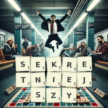 Kreatywna ilustracja do gry w Scrabble ze słowem SEKRETNIEJSZY ułożonym z płytek na planszy.