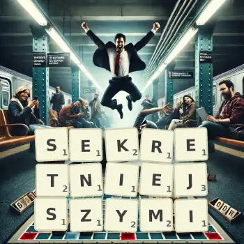 Kreatywna ilustracja do gry w Scrabble ze słowem SEKRETNIEJSZYMI ułożonym z płytek na planszy.