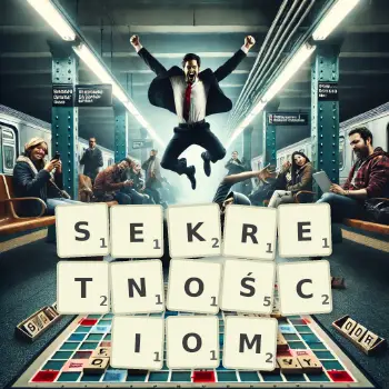 Kreatywna ilustracja do gry w Scrabble ze słowem SEKRETNOŚCIOM ułożonym z płytek na planszy.