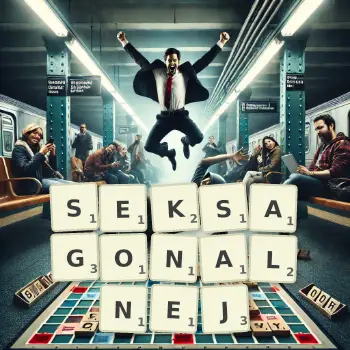 Kreatywna ilustracja do gry w Scrabble ze słowem SEKSAGONALNEJ ułożonym z płytek na planszy.