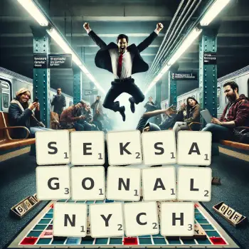 Kreatywna ilustracja do gry w Scrabble ze słowem SEKSAGONALNYCH ułożonym z płytek na planszy.