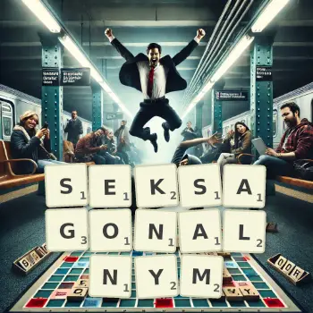 Kreatywna ilustracja do gry w Scrabble ze słowem SEKSAGONALNYM ułożonym z płytek na planszy.