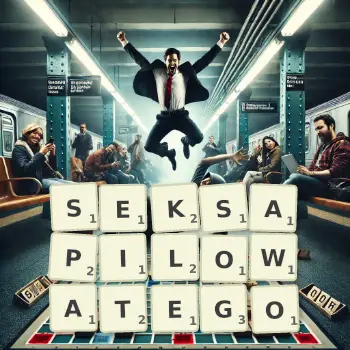 Kreatywna ilustracja do gry w Scrabble ze słowem SEKSAPILOWATEGO ułożonym z płytek na planszy.