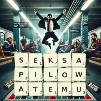 Kreatywna ilustracja do gry w Scrabble ze słowem SEKSAPILOWATEMU ułożonym z płytek na planszy.