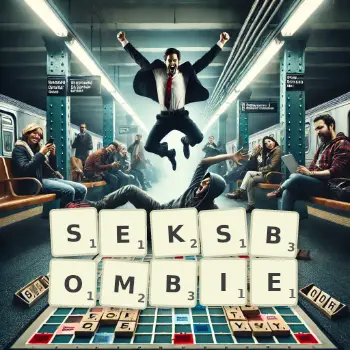 Kreatywna ilustracja do gry w Scrabble ze słowem SEKSBOMBIE ułożonym z płytek na planszy.