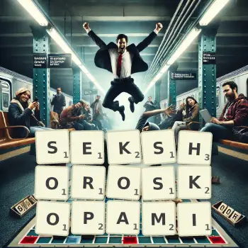 Kreatywna ilustracja do gry w Scrabble ze słowem SEKSHOROSKOPAMI ułożonym z płytek na planszy.