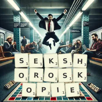 Kreatywna ilustracja do gry w Scrabble ze słowem SEKSHOROSKOPIE ułożonym z płytek na planszy.