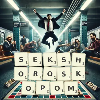 Kreatywna ilustracja do gry w Scrabble ze słowem SEKSHOROSKOPOM ułożonym z płytek na planszy.