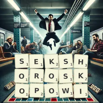 Kreatywna ilustracja do gry w Scrabble ze słowem SEKSHOROSKOPOWI ułożonym z płytek na planszy.