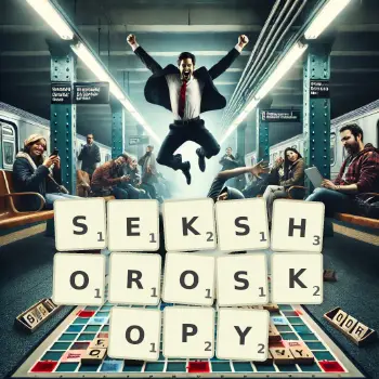 Kreatywna ilustracja do gry w Scrabble ze słowem SEKSHOROSKOPY ułożonym z płytek na planszy.