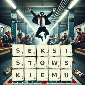 Kreatywna ilustracja do gry w Scrabble ze słowem SEKSISTOWSKIEMU ułożonym z płytek na planszy.