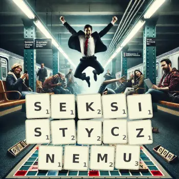 Kreatywna ilustracja do gry w Scrabble ze słowem SEKSISTYCZNEMU ułożonym z płytek na planszy.