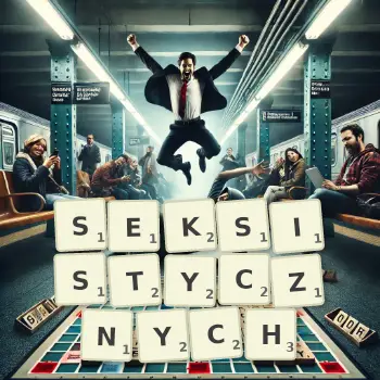 Kreatywna ilustracja do gry w Scrabble ze słowem SEKSISTYCZNYCH ułożonym z płytek na planszy.