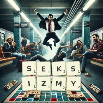 Kreatywna ilustracja do gry w Scrabble ze słowem SEKSIZMY ułożonym z płytek na planszy.