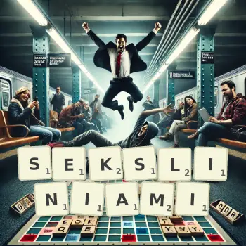 Kreatywna ilustracja do gry w Scrabble ze słowem SEKSLINIAMI ułożonym z płytek na planszy.