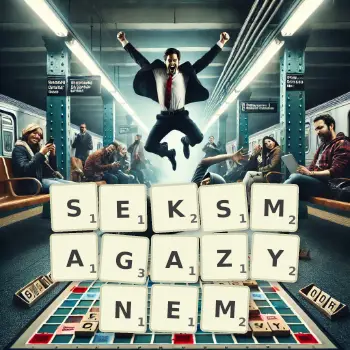Kreatywna ilustracja do gry w Scrabble ze słowem SEKSMAGAZYNEM ułożonym z płytek na planszy.
