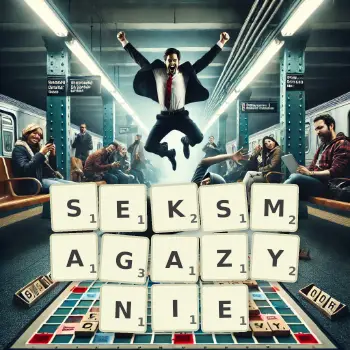 Kreatywna ilustracja do gry w Scrabble ze słowem SEKSMAGAZYNIE ułożonym z płytek na planszy.