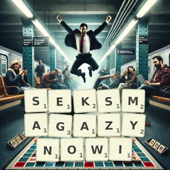 Kreatywna ilustracja do gry w Scrabble ze słowem SEKSMAGAZYNOWI ułożonym z płytek na planszy.