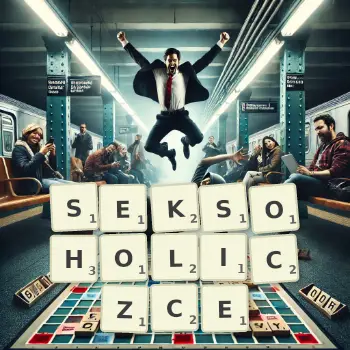 Kreatywna ilustracja do gry w Scrabble ze słowem SEKSOHOLICZCE ułożonym z płytek na planszy.