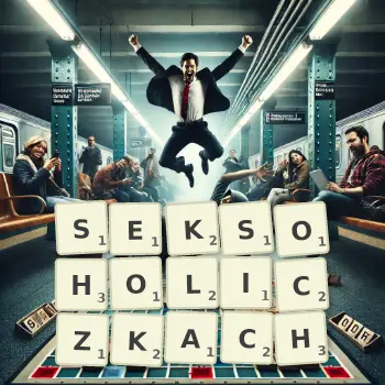 Kreatywna ilustracja do gry w Scrabble ze słowem SEKSOHOLICZKACH ułożonym z płytek na planszy.