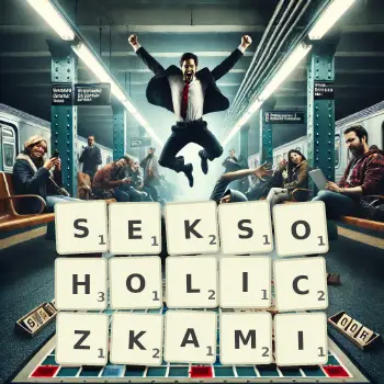 Kreatywna ilustracja do gry w Scrabble ze słowem SEKSOHOLICZKAMI ułożonym z płytek na planszy.